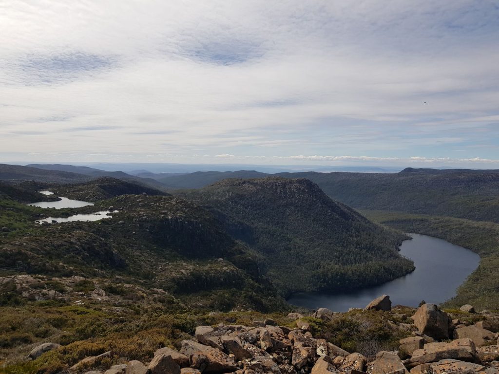 The stunning views over Lake Seal and the Tarn Shelf as you climb up the Rodway Range towards Mount Field West.